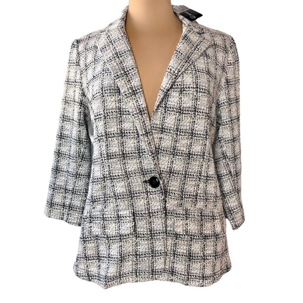Soho Apparel Size M Plaid Black White Suit Jacket Women's 3/4 Sleeve Tweed Look